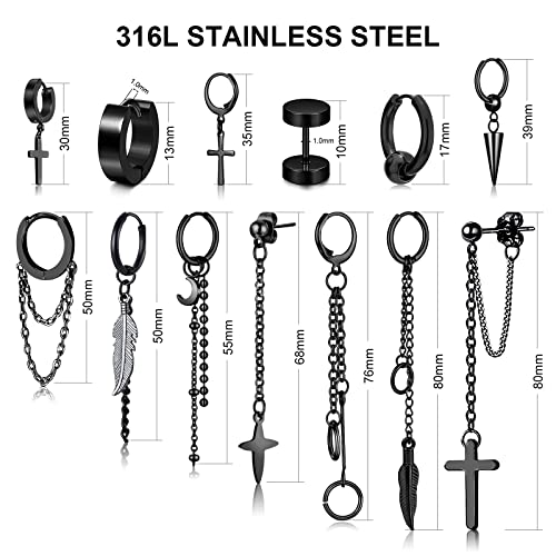 20 Pieces Men Earrings Set - Black Stainless Steel Chain Hoop Earrings Cross Moon and Star Dangle Earrings Piercing Jewelry for Men Women - color: Black