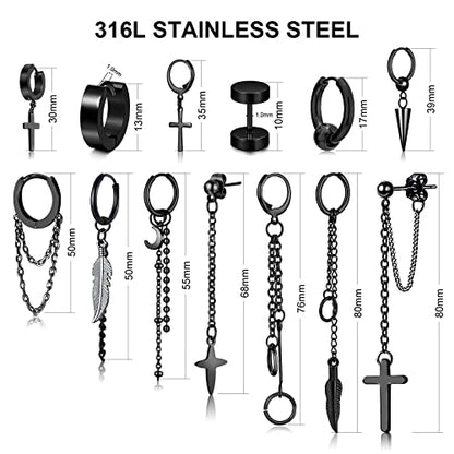 20 Pieces Men Earrings Set - Black Stainless Steel Chain Hoop Earrings Cross Moon and Star Dangle Earrings Piercing Jewelry for Men Women - color: Black