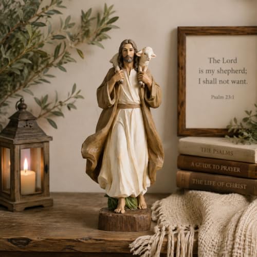 Good Shepherd Jesus Statue with Lamb, 12 Inch Religious Decor - color: Brown
