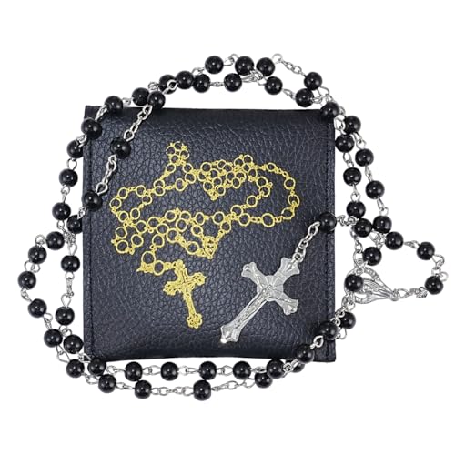 Rosary Beads Catholic, Rosary Necklace with Leather Pouch with Magnetic Top Bag for Men and Women Christian Gifts - color: Black B