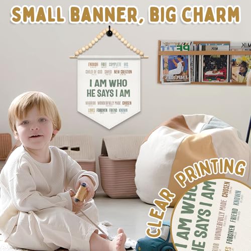 FLVGE Bible Verses Christian Decor, I Am Who He Says I am Canvas Banner, Boho Wood Beads Inspirational Scripture Bible Verse Wall Art Decor Hanging Pennant Flag for Home Office,11x14 - color: 04- Bible(Christian Office Decor 02)