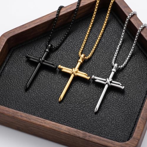 Men's Nail Cross Crucifix Necklace, Stainless Steel Nail Cross Pendant with 24 Inch Box Chain, Silver/Gold/Black Religious Christian Jewelry Gift for Baptism Father's Day Birthday - color: Gold