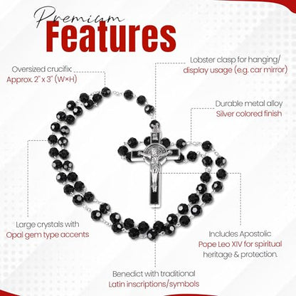 SANCTUM VERITAS Catholic Rosary Necklace | Large Italian Prayer Beads Gift - style: Black Crystal
