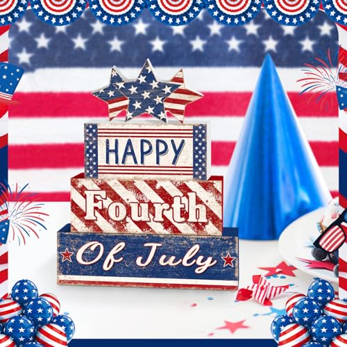 Britimes Tiered Tray Decor Set, 4 Pack, Wooden, Patriotic Independence - style: Happy 4th of July
