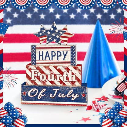 Britimes Tiered Tray Decor Set, 4 Pack, Wooden, Patriotic Independence - style: Happy 4th of July