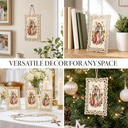 12 Pcs Our Lady of Guadalupe Wooden Picture Frames with Organza Gift Bags, Holy Prayer Cards First Communion Christening Memorial Engrave Baptism Favors for Guests, Catholic Gifts