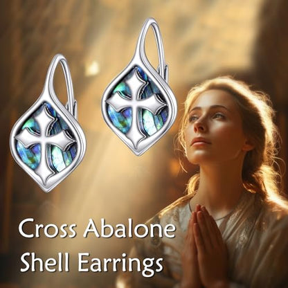 Celtic Trinity Knot Earrings for Women 925 Sterling Silver Triquetra Knot Leverback Abalone Shell Irish Jewelry Tree of Life Gift - style: cross