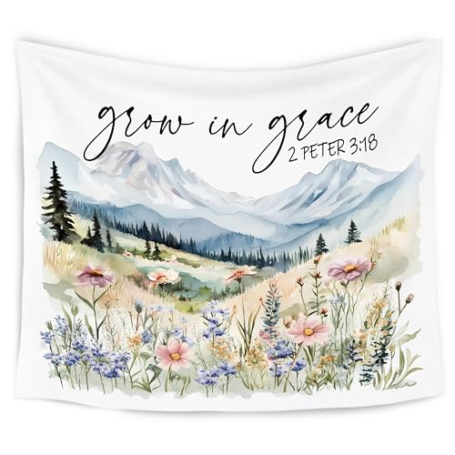 WARDOS Wildflower Christian Tapestry, Grow in Grace Bible Verse Tapestry Wall Hanging, Mountain Scenery Religious Scripture Wall Blanket Decor for Home Bedroom Living Room, 50x60 Inch - color: flower six