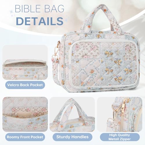 Bible Cover Case for Women Bible Study Supplies Christian Gifts for Women Church Camp Essentials Christian Bible Journaling Kit Quilted Large Bible Cover with Durable Handle (Spliced Flower, Large) - color: Spliced Flower