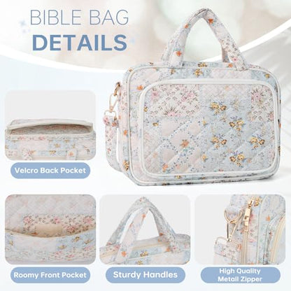Bible Cover Case for Women Bible Study Supplies Christian Gifts for Women Church Camp Essentials Christian Bible Journaling Kit Quilted Large Bible Cover with Durable Handle (Spliced Flower, Large) - color: Spliced Flower