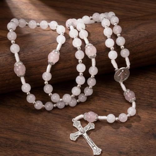 Nazareth Store 8mm White Jade & 10mm Natural Stone Beads Rosary Necklace St. Miraculous Medal & Cross Crucifix Catholic Prayer Beads Religious Jewelry - color: Pink Quartz