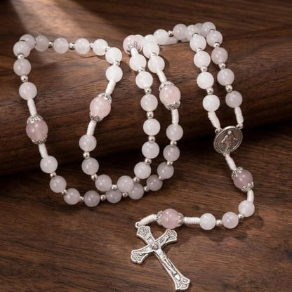 Nazareth Store 8mm White Jade & 10mm Natural Stone Beads Rosary Necklace St. Miraculous Medal & Cross Crucifix Catholic Prayer Beads Religious Jewelry - color: Pink Quartz
