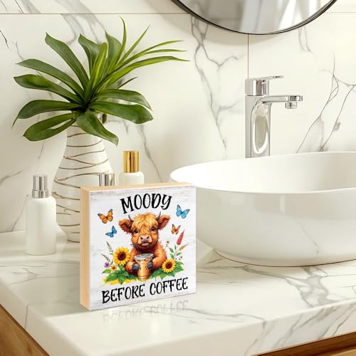 Moody Before Coffee Western Country Wood Block Plaque Box Sign - color: brown036
