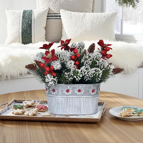 Christmas Centerpiece Table Decorations Artificial Norfolk Pine Branches with Poinsettia Flowers, Pine Cones & Berries in Metal Planter – Xmas Flower Arrangement for Christmas Décor & Dining Table