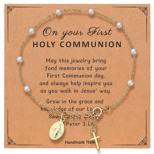 Rosary Bracelet for Women, Dainty 14K Gold Plated Virgin Mary Cross Charm Bracelet Catholic First Communion Baptism Religious Gifts for Her - color: Style B：First Communion