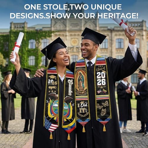 Graduation Stole Class of 2026 Reversible Sash with Gold Glitter Trim and Tassels V-Neck 72 Inch Satin - color: Ecuador & America