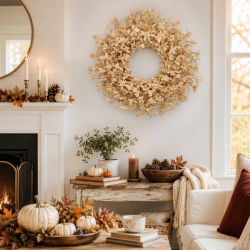 24 Inch Fall Wreaths for Front Door, Beige Forsythia Autumn Wreath - color: Beige
