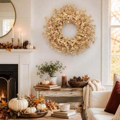 24 Inch Fall Wreaths for Front Door, Beige Forsythia Autumn Wreath - color: Beige