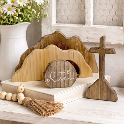 Christian Easter He is Risen Decor, Empty Tomb Cross Easter Decoration for Home, Easter Wooden Resurrection Scene Set Table Mantel Office Kitchen Decor Gift (Brown-4pcs)