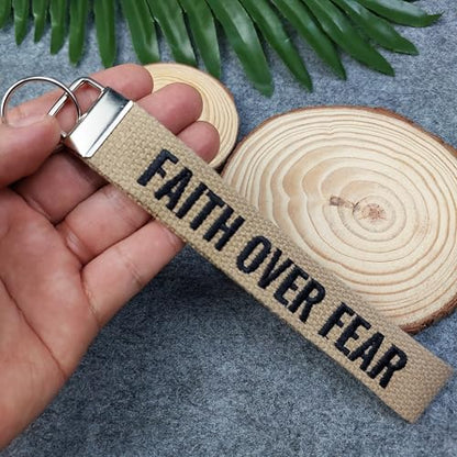 FAITH OVER FEAR embroidered keychain, Christian Gifts, Religious Gifts, Thanksgiving Gift - color: Camel Beige - White