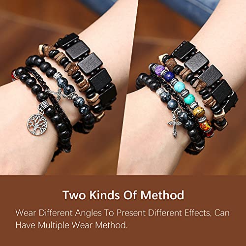 HZMAN Handmade Hemp Cords Wood Beads Leather Bracelets for Men Women - style: Tree of Life
