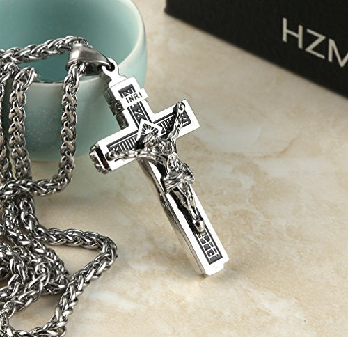 HZMAN Catholic Jesus Christ INRI Cross Crucifix Pendant Necklace for Men - color: Silver