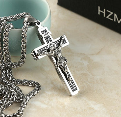 HZMAN Catholic Jesus Christ INRI Cross Crucifix Pendant Necklace for Men - color: Silver