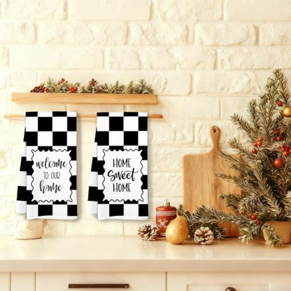 Black White Check Welcome Home Sweet Home Kitchen Towels Set of 2 - color: Sweet Home D