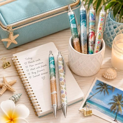 8PC Glittery Beach Pens Cute Sparkly Sea Shells Coconut Trees Sea Animals Ocean Tropical Theme Pen Party Treats Office Supplies Summer Cruise Gifts For Travelers Coworkers Friends Teachers Nurses - style: Beach