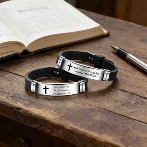 2Pcs Inspirational Quote Cross Bracelets Faith Christian Bible Verse Silicone ID Wristband Religious Bracelet Set Gift for Men Women - style: BR020-3/014
