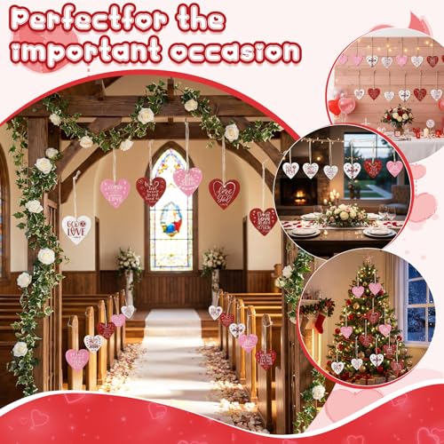 AceOrbit 60 Pcs Acrylic Christian Valentine's Day Tree Ornaments, Double Sided Print, Heart & Cross Hanging Designs with Ropes Faith Based Love Tokens for Couples, Church Gifts, Wedding Favors