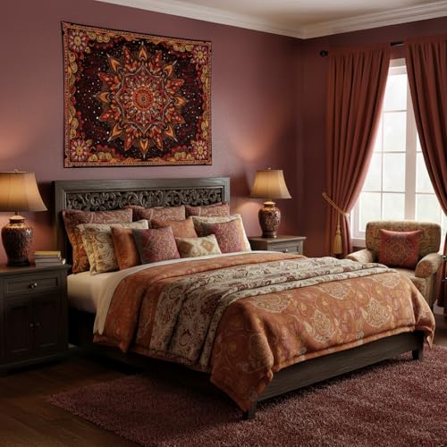 Motanber Mandala Floral Tapestry Wall Hanging Boho Red Orange Tapestry Aesthetic Hippie Vintage Bohemian Flower Indian Cute Small Tapestries for Bedroom Living Room Dorm Decor 48 x 36 Inch - color: Red Orange, size: 48"L x 36"W