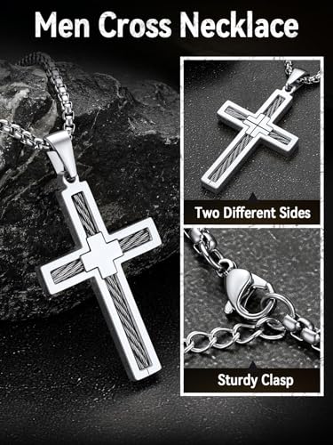 FaithHeart Stainless Steel Cross Necklace for Men, Silver/Black/Gold Cross Chains for Men Religious Amulet Necklaces Christian Gifts for Dad - style: Twist Cross-Silver