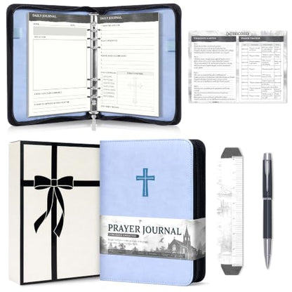 Ospelelf Refillable Prayer Journal with Leather Blue 6 Ring Binder 3-Month - color: blue