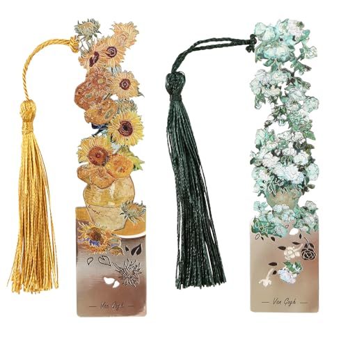 2 Metal Bookmarks with Tassel, Oil Painting Sunflowers and Vase with Roses - style: 《Sunflowers》 and 《Vase with Roses》
