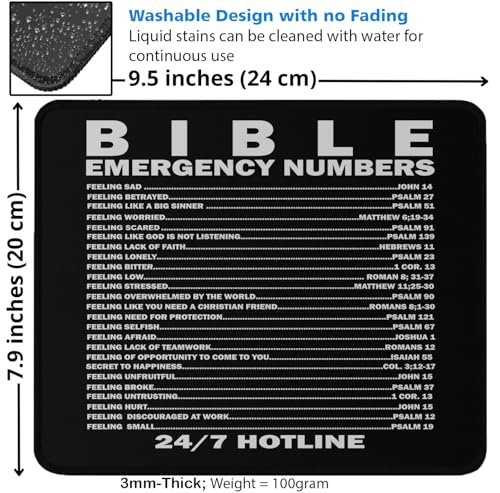 Bible Emergency Numbers Mouse Pad, 9.5x7.9 Inches, Scripture Reference List, Christian Inspirational Desk Accessory Mouse Mat