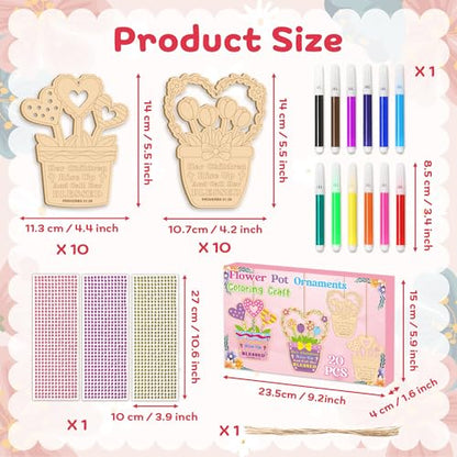 BeYumi Mom Wooden Ornament Craft - 20Pcs Mother's Day DIY Wooden Flower Pot Ornament Craft Kit Make Your Own Christian Bible Verse Crafts Decor with Gem Stickers Kids to Mom School Home Party Supplies - style: Flower Pot