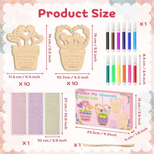 BeYumi Mom Wooden Ornament Craft - 20Pcs Mother's Day DIY Wooden Flower Pot Ornament Craft Kit Make Your Own Christian Bible Verse Crafts Decor with Gem Stickers Kids to Mom School Home Party Supplies - style: Flower Pot