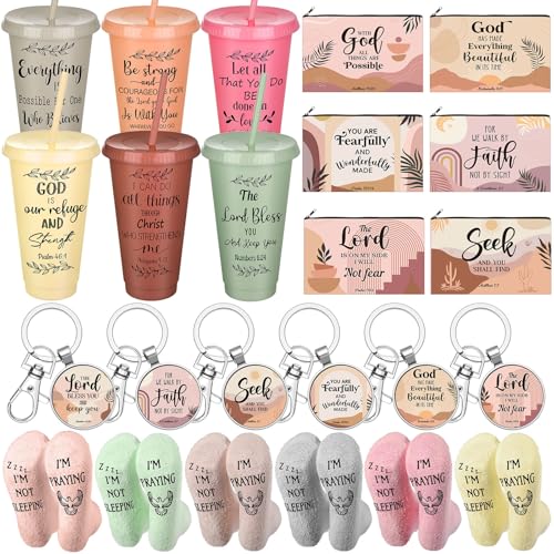 Funnymoom 24 Pcs Christian Church Gifts Bulk for Women 24 oz Boho Religious Plastic Tumbler Cup Bible Verse Makeup Cosmetic Bag Crew Sock Inspirational Keychain for Church Volunteer VBS Sunday School - style: Modern Boho Christian
