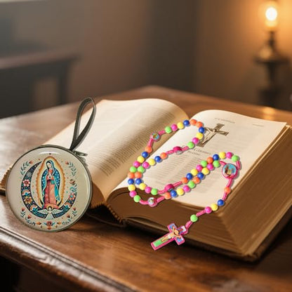 Rosary Beads Rosarios Catolicos, Colorful Plastic with Blue and Red Pendant Crosses, Pocket for Women with Rosary Box, Baptism Easter Gifts - color: Pink, style: F