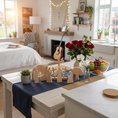 8-Piece Tabletop Religious Decor - Christian Home Decor Figurines, Minimalist Jesus Cross Centerpiece - Natural Wood