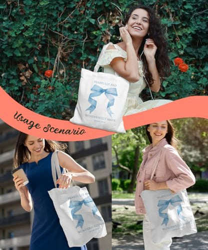 Coquette Bow Bible Canvas Tote Bag for Women Teens Teen Girls, Pink Bow Girls Tote Bag, Coquette Gifts - color: Blue Bow Bible