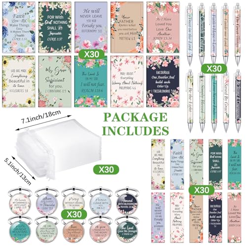 Jetec 150 Bible Verses Gift Set for 30 Christian Bookmarks 30 Scripture Ballpoint Pens 30 Christian Notebooks 30 Bible Verse Keychain 30 White Organza Bags for Women Men Office Church(Flower) - style: Flower