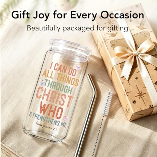 Christian Gifts for Women 16 oz Glass Cups with Lids and Straws, Inspirational Bible Verse Iced Coffee Cup Tumbler for Daily Use, Mothersday Baptism Birthday Religious Gifts for Church Friends
