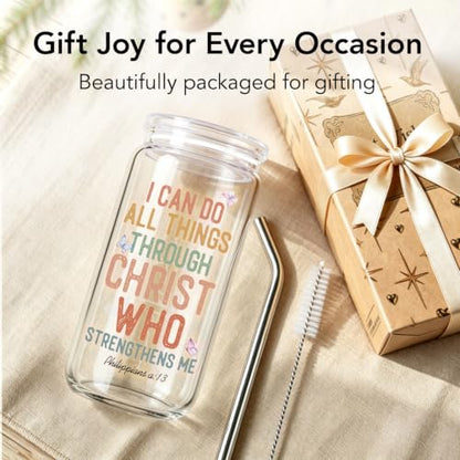 Christian Gifts for Women 16 oz Glass Cups with Lids and Straws, Inspirational Bible Verse Iced Coffee Cup Tumbler for Daily Use, Mothersday Baptism Birthday Religious Gifts for Church Friends