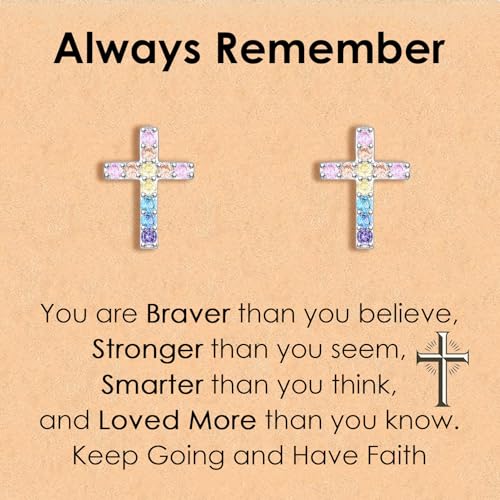 CERSLIMO Cross Earrings for Girls Kids, Christian Confirmation Communion Baptism Catholic Religious Christmas Birthday Inspirational Gifts for Women Teens Teenager Granddaughter Goddaughter - style: You are Braver…