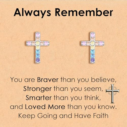 CERSLIMO Cross Earrings for Girls Kids, Christian Confirmation Communion Baptism Catholic Religious Christmas Birthday Inspirational Gifts for Women Teens Teenager Granddaughter Goddaughter - style: You are Braver…