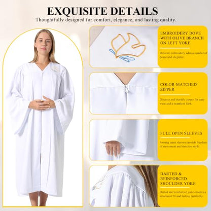 IvyRobes Baptism Robes with Weighted Hem Adults Water Baptismal Gown with Embroidered Dove for Church Officiant White - size: 51"(5'6"-5'8")