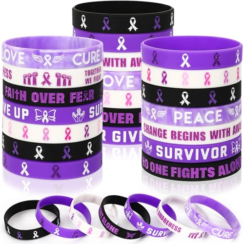 JUNEBRUSHS 42pcs Purple Ribbon Awareness Accessories Silicone Bracelets - style: Purple Ribbon Awareness Style