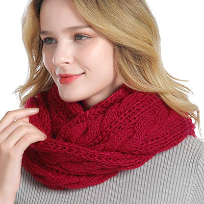 Winter Women Thick Cable Knit Ribbed Infinity Circle Loop Scarf - color: 12- Red